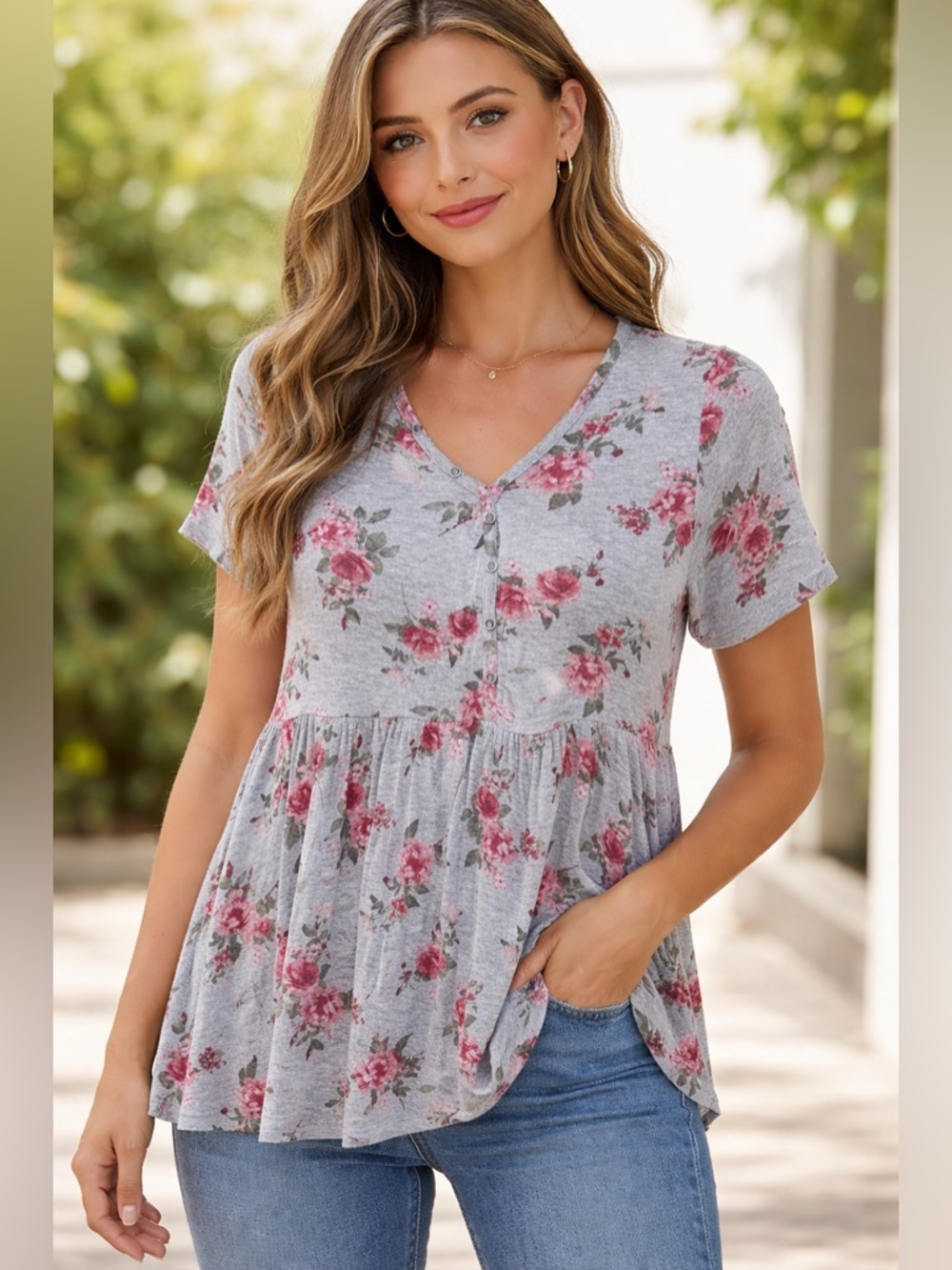 Rue21 Heather Gray Floral V-Neck Peplum Top with Pink Roses